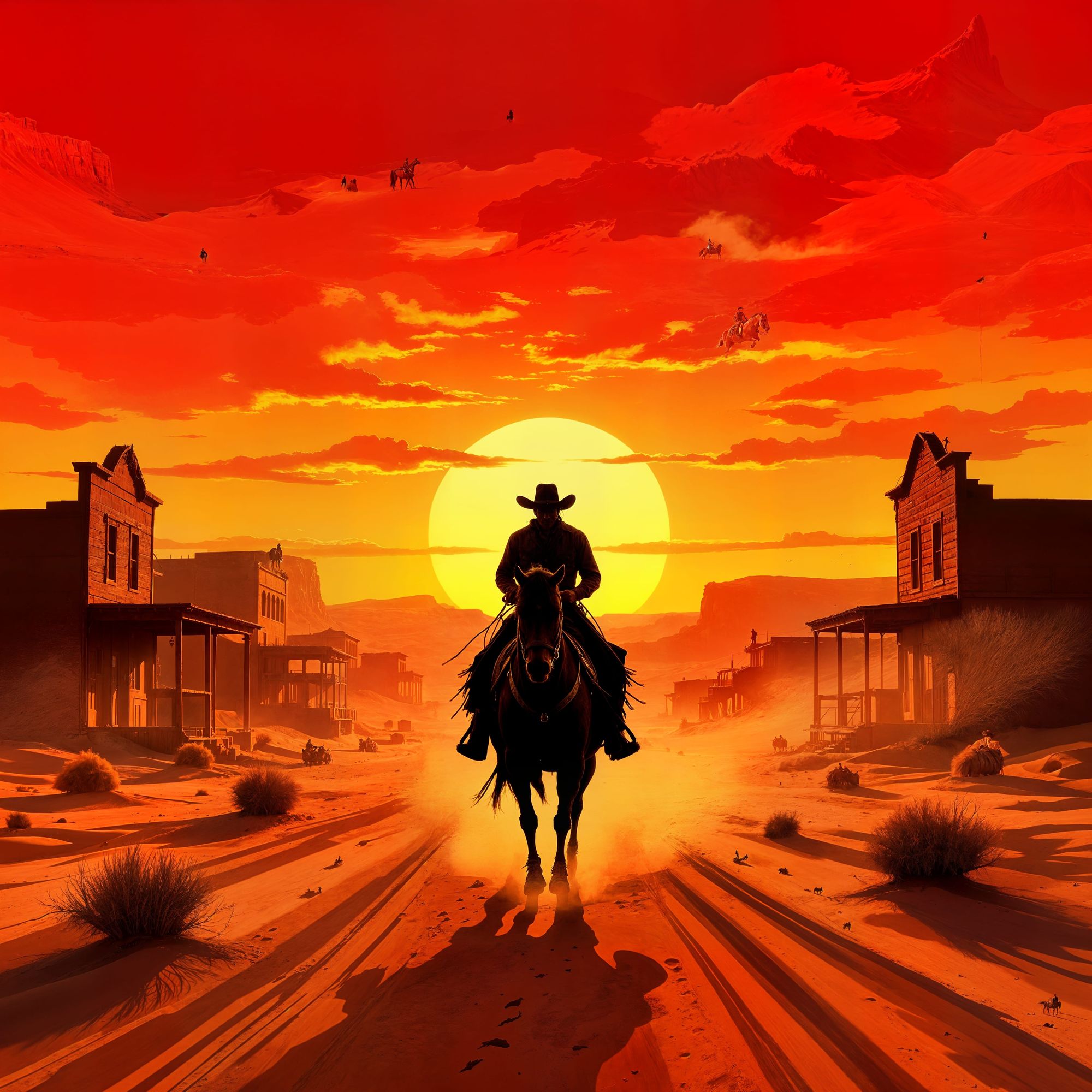 A Lone Cowboy. A Blood-Red Desert Sunset
