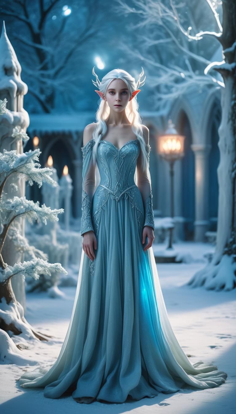 elf in a ball gown, light skin, white hair, full body, winter court