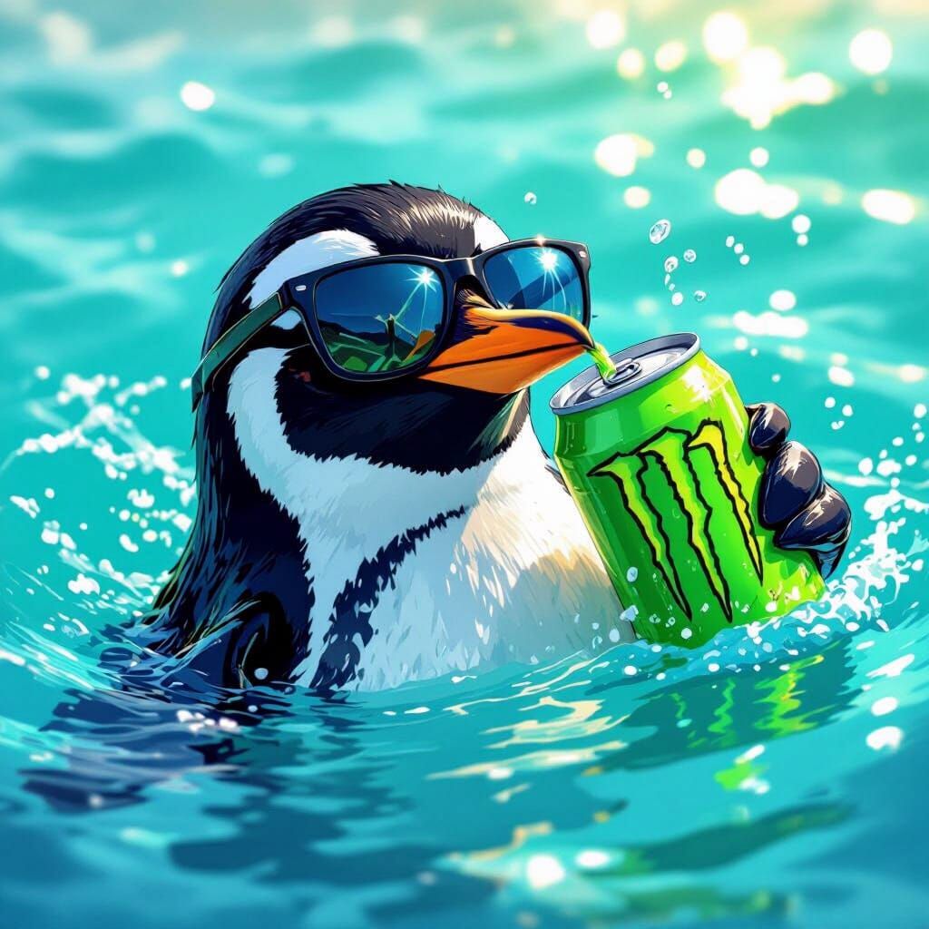 Penguin in Sunglasses Swims Ocean, Drinks Energy Drink
