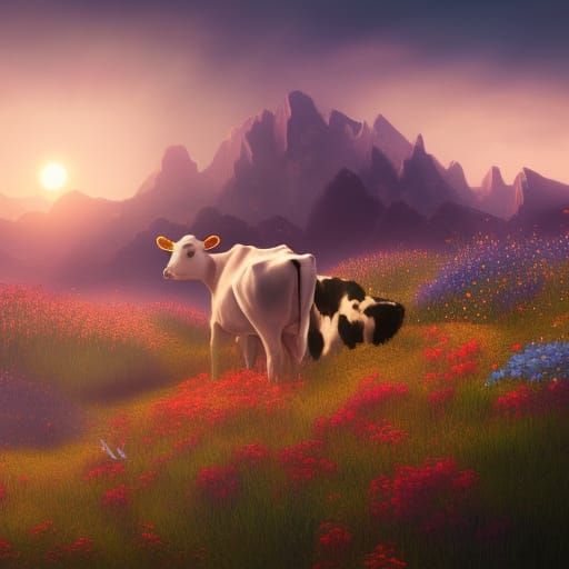 baby cow flowers sunset