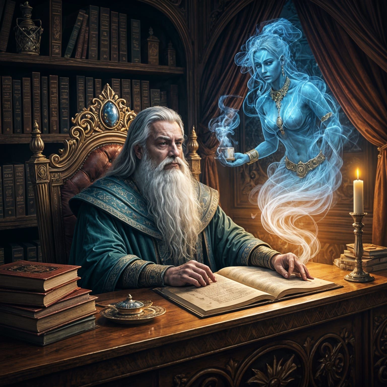 a richly dressed wizard with a luxurious staff in his office sits on a luxurious chair at a table with ...  by @Schoor