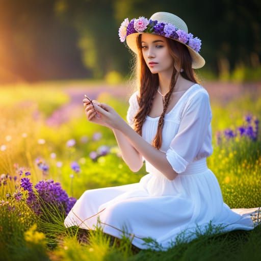 A beautiful girl Dressed as a peasant with green eyes sitting on a