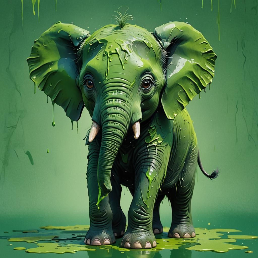 Green Elephant Matte Painting with Dripping Paint