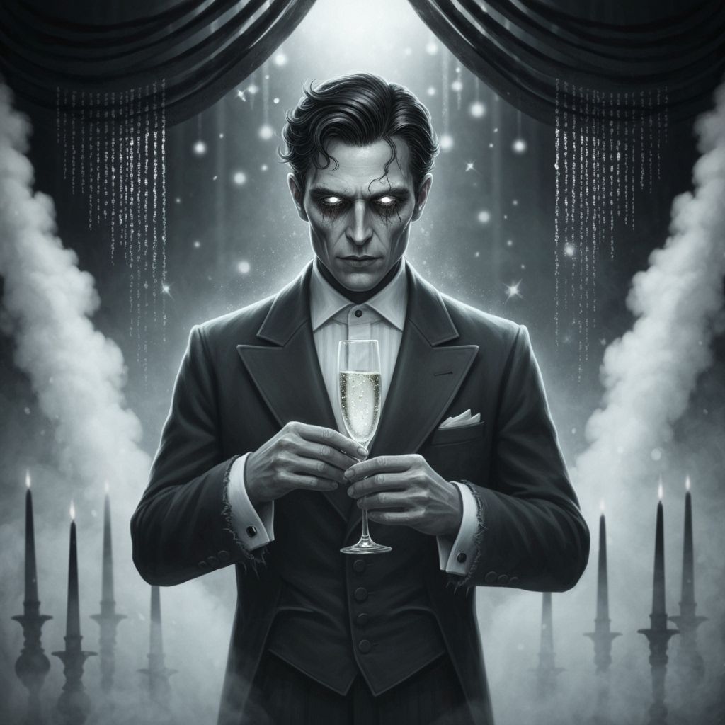 Haunted masquerade ball as the clock strikes midnight. Ghosts of the past year returning to dance one last time. Gothic décor with shimmerin...