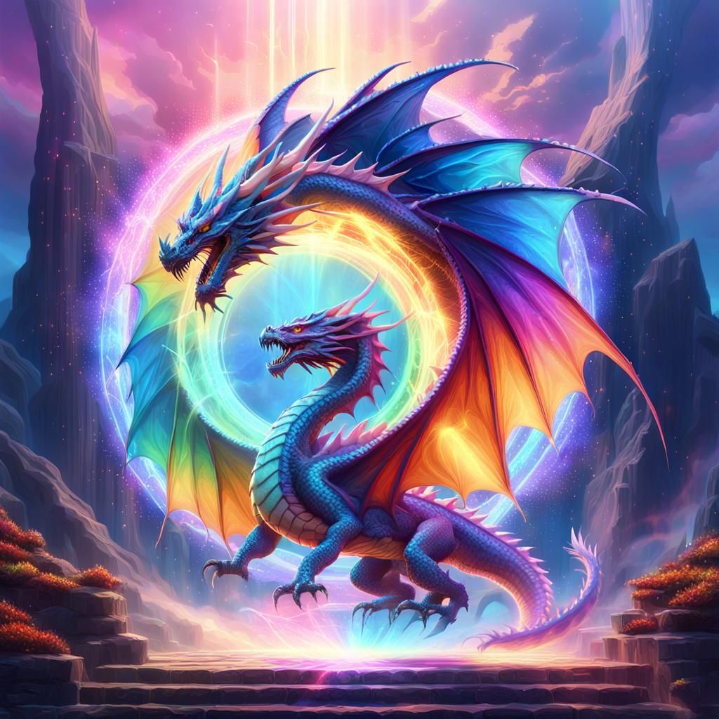 Rainbow Dragon Bursts Through Iridescent Portal