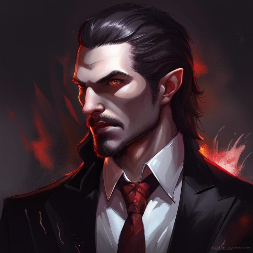 Vampire, in a suit, male, back hair, facial hair