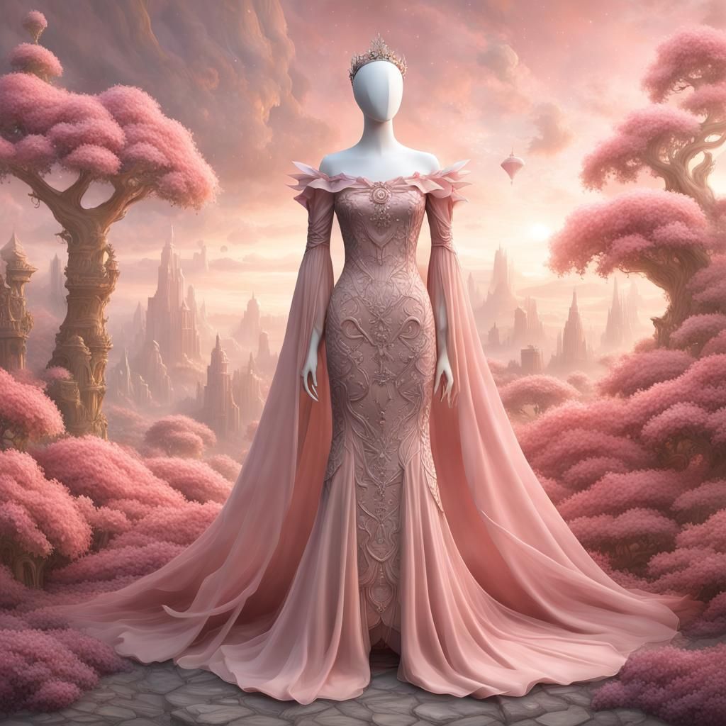 slim elf dress on a dress form, pastel melon pink, velvet, f...
