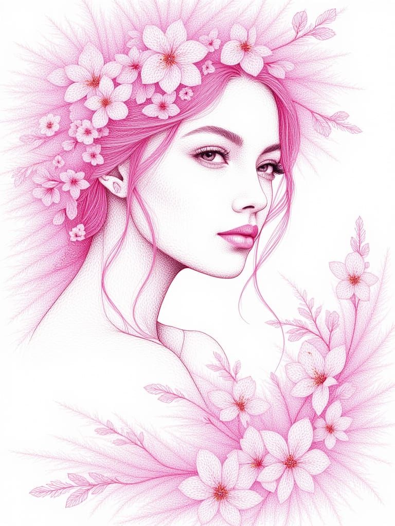 <lora:Fine line string:1.0> fine line string art, pink Sakura flowers
