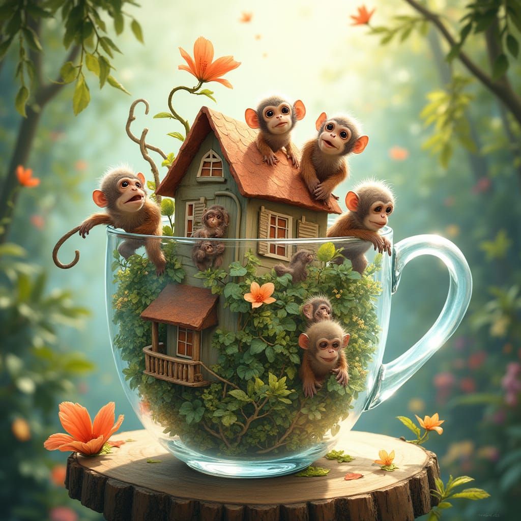 Monkeys in Whimsical Miniature House Scene