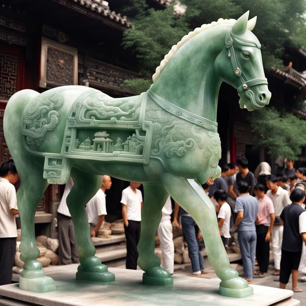 Intricately detailed jade carving of a full-sized horse on a...