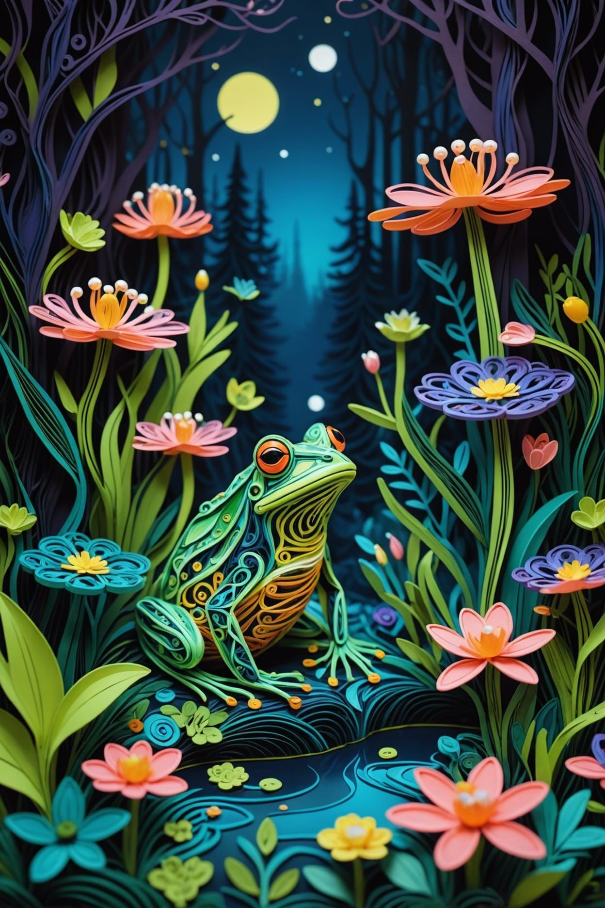 Quilled paper art of a bioluminescent enchanted frog forest in ...