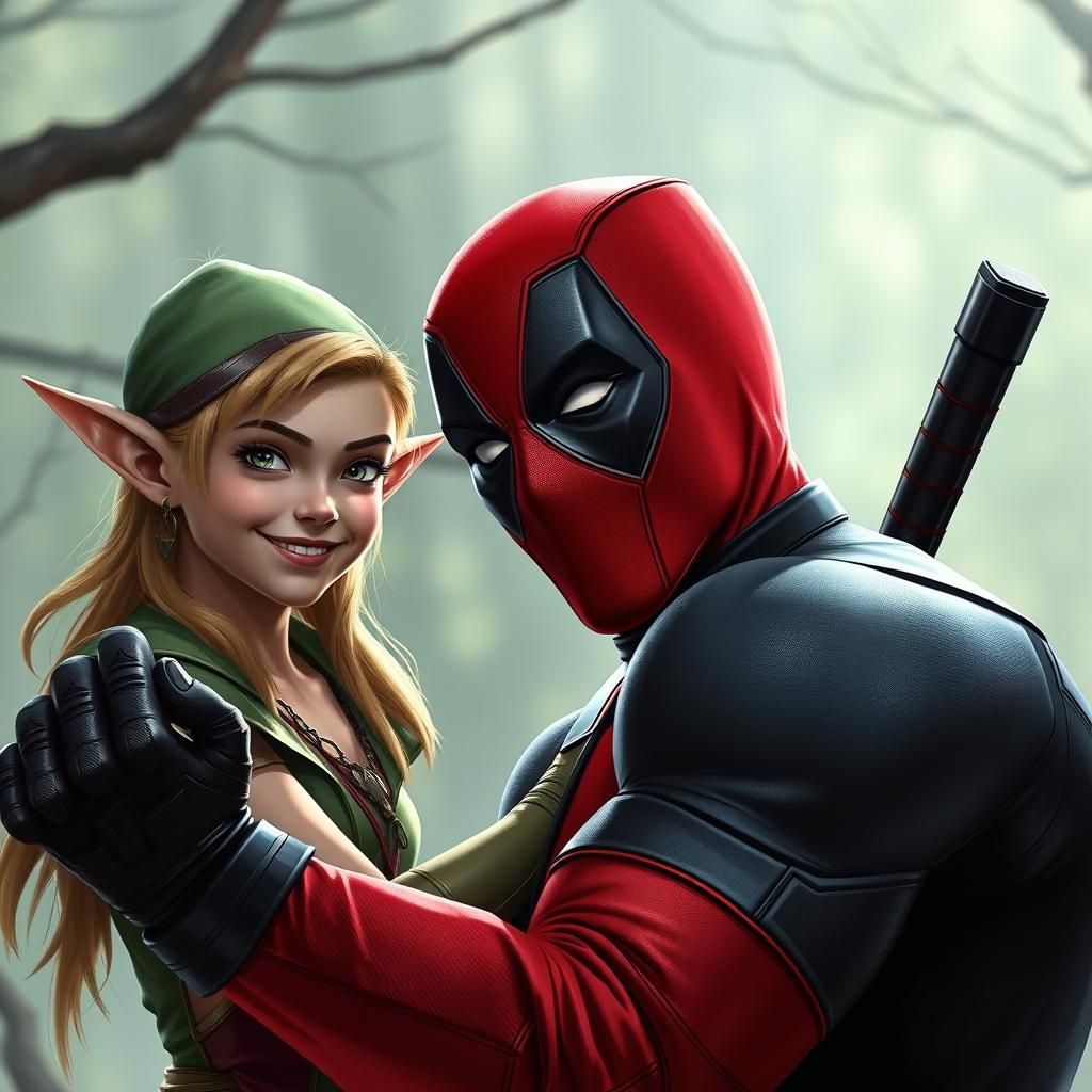 deadpool,  with a young beautiful elf, Deadpool looking into the camera, elf smiling, 
