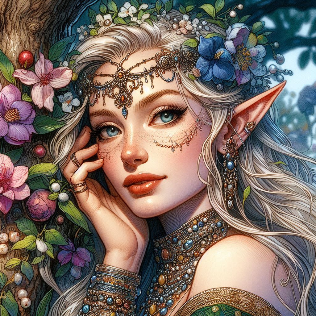 Elven portrait, beads necklace and diadem v2