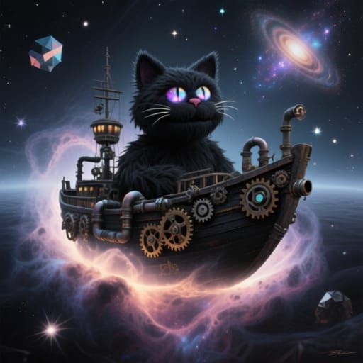 A colossal, ancient Neko spirit with glowing cosmic eyes, residing within a nebula-shaped black Muppet floating in the void. The big boat is...