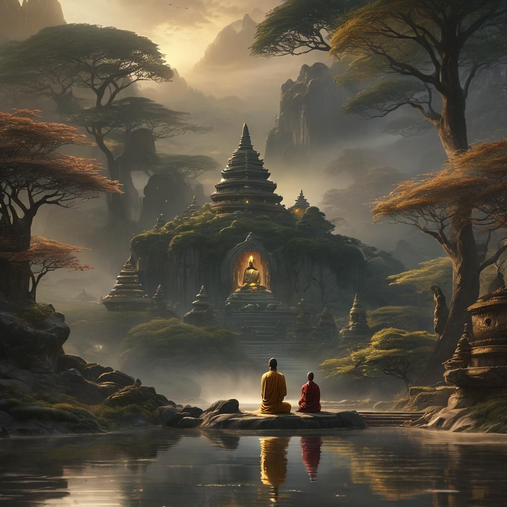 Subhuti and Buddha in Dreamlike Landscape
