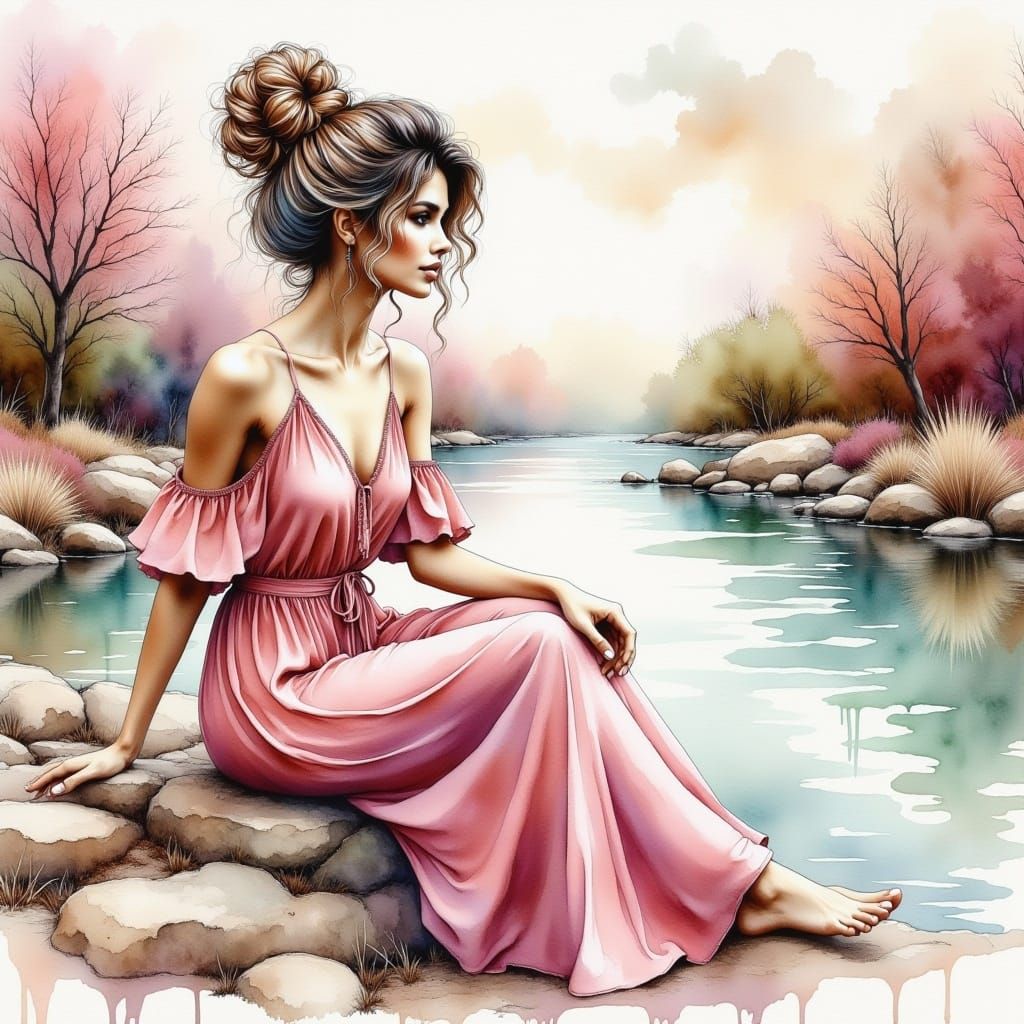 <lora:WatercolorPaintiFlux:1.0> stunning woman in pastel pink dress, sitting on a rock by the river, watercolor painting coffee art effects...