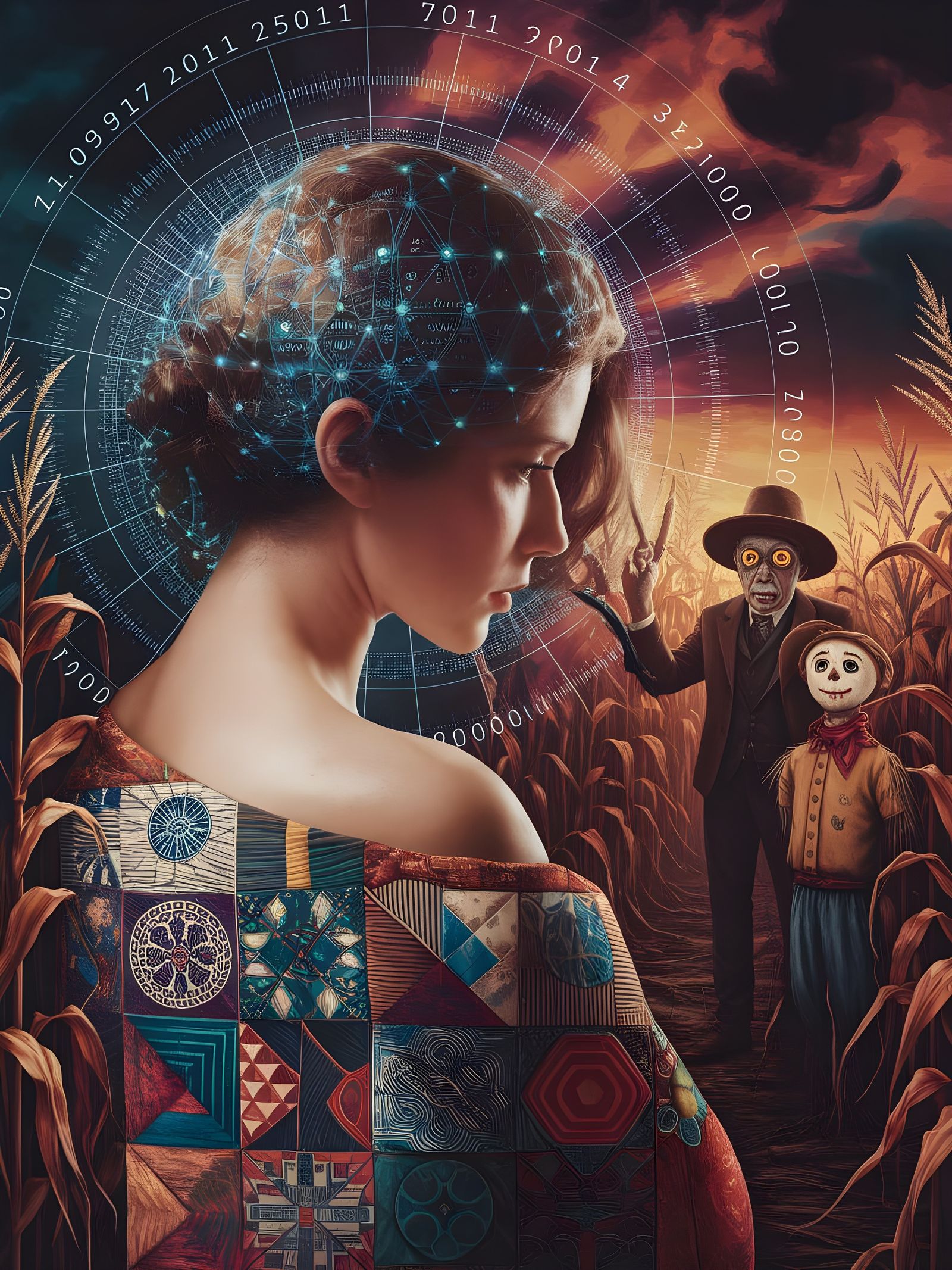 AI Portrait of Woman Emerging from Numerical Tapestry