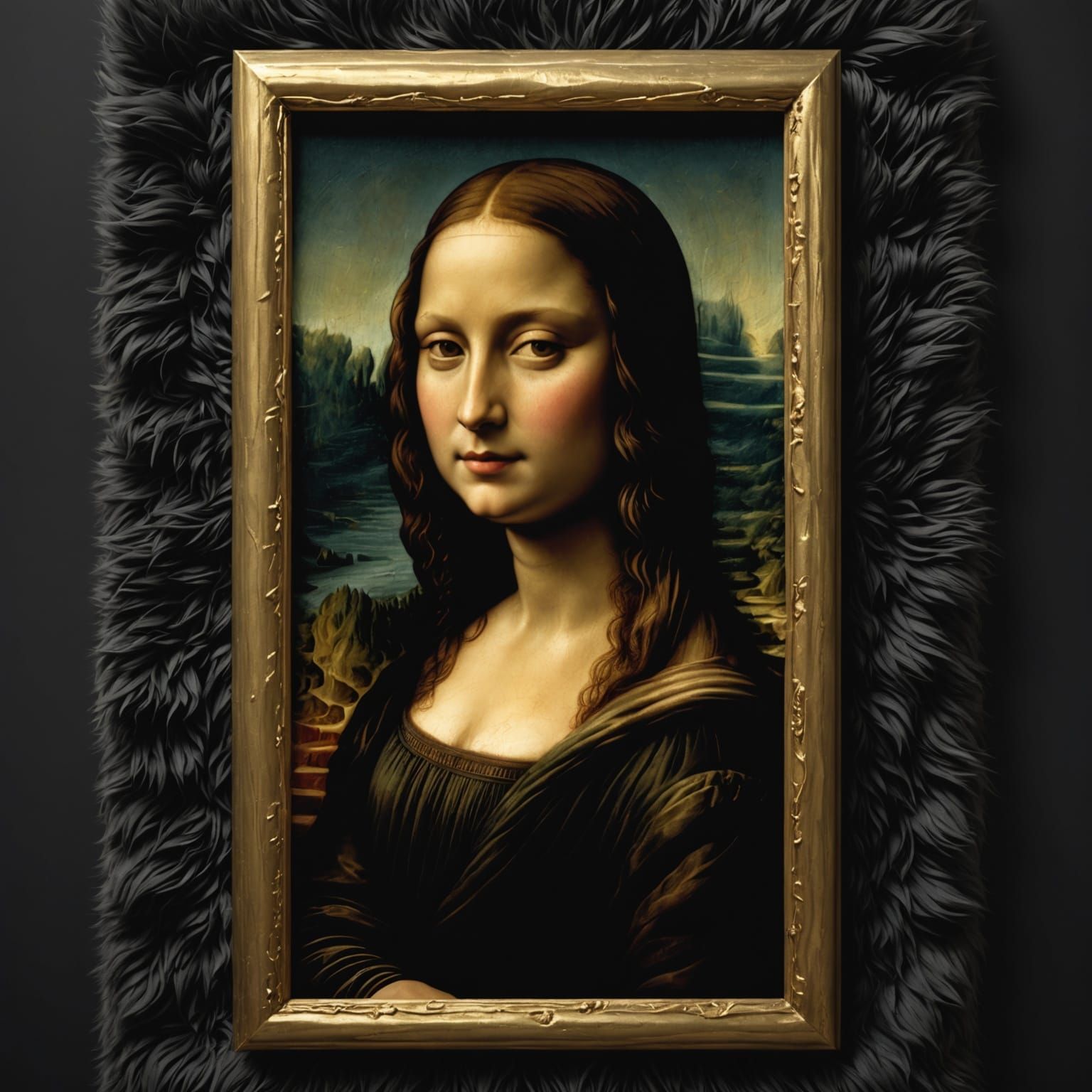 Transform the Mona Lisa into a soft, 3D fluffy object. Use the exact colors. The shape is fully covered in fur, with hyperrealistic hair tex...