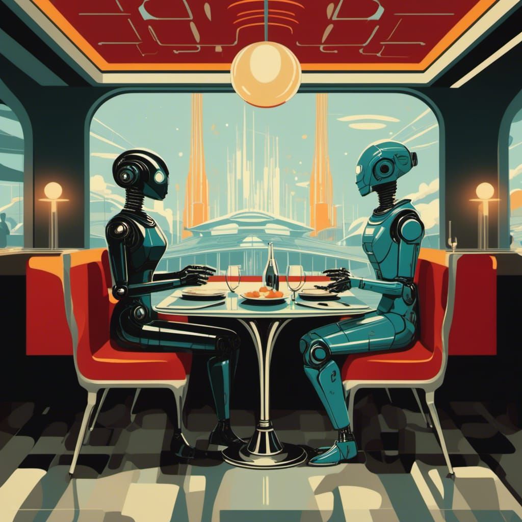 <lora:Retro Sci-Fi Utopia:0.7>
Two robots on a date in a fancy restaurant. Retrofuturistic liminal space type interior. Vintage style pop ar...