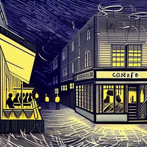 A woodcut of a cafe at night in the style of Eric Ravilious - AI ...