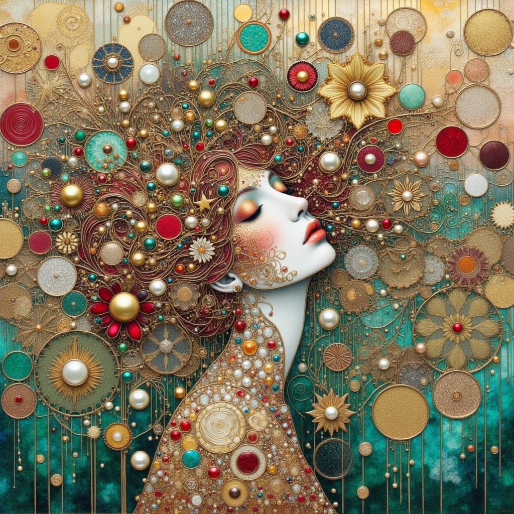 Nature goddess, gold and crimson hues, in Klimt style <lora:Earth and filigree:1.0> 