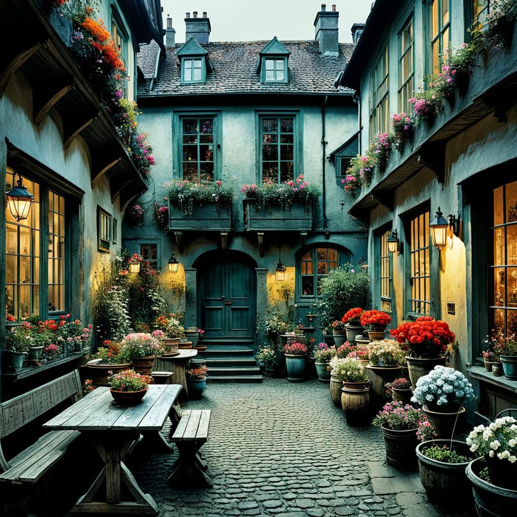 courtyard in a German old town, with lots of flower pots and...