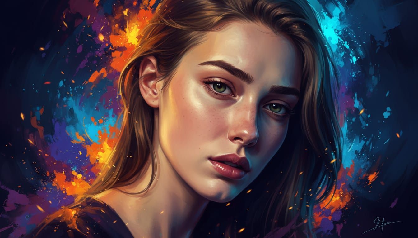  Hyperrealistic, splash art, concept art, mid shot, intricately detailed, color depth, dramatic, 2/3 face angle, side light, colorful backgr...