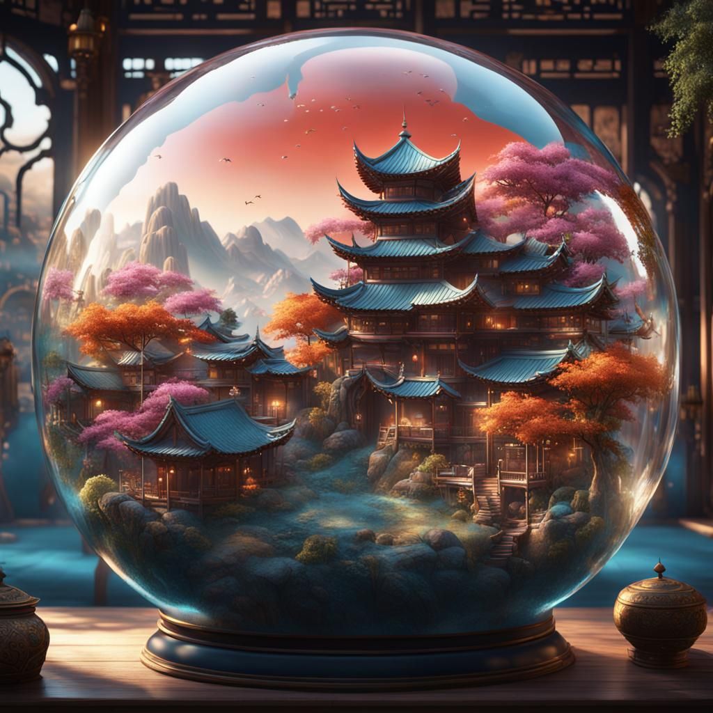 Oriental village in a glass bubble