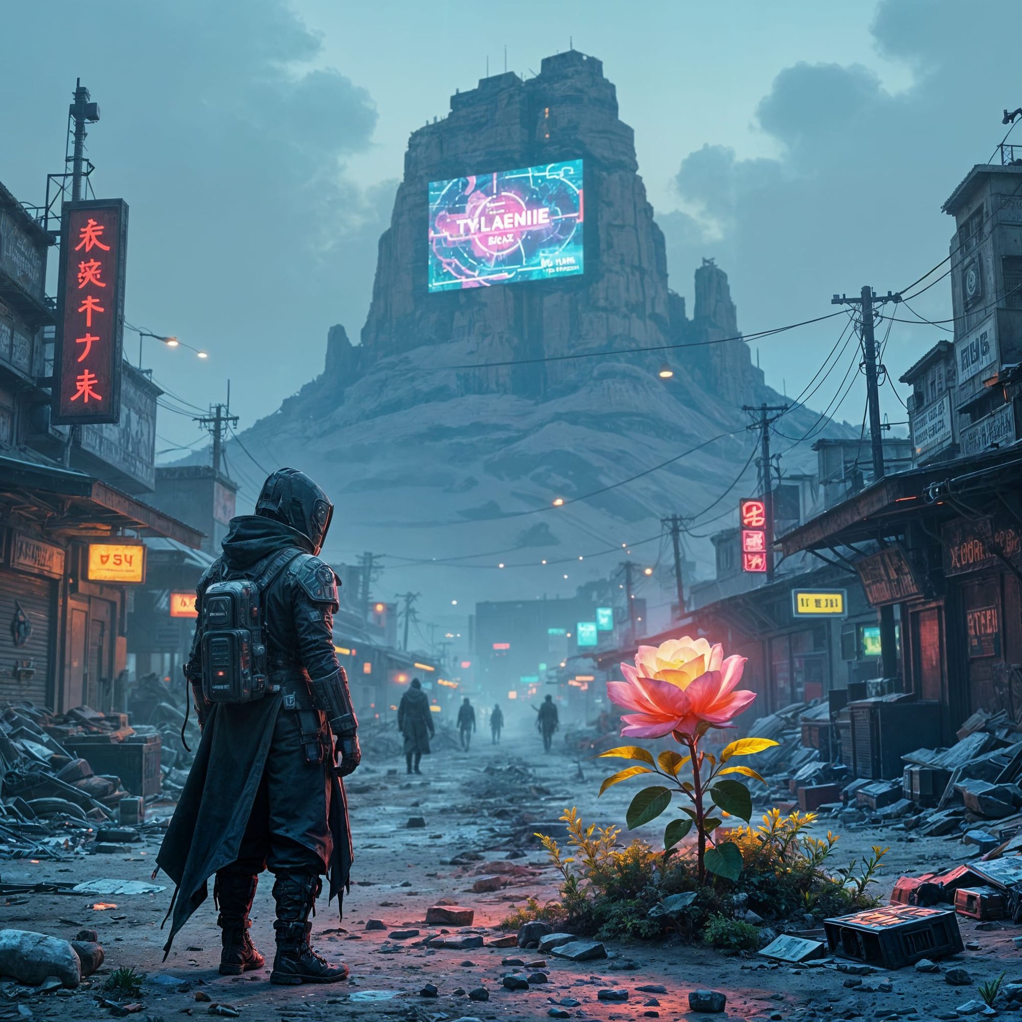 In a desolate cyberpunk marketplace, a towering mesa rises in the background, its peak adorned with flickering holographic advertisements. A...