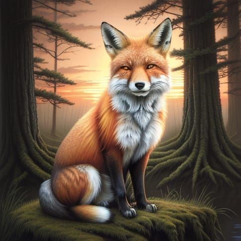 A fox and a sunset blend their beautiful shared colors.