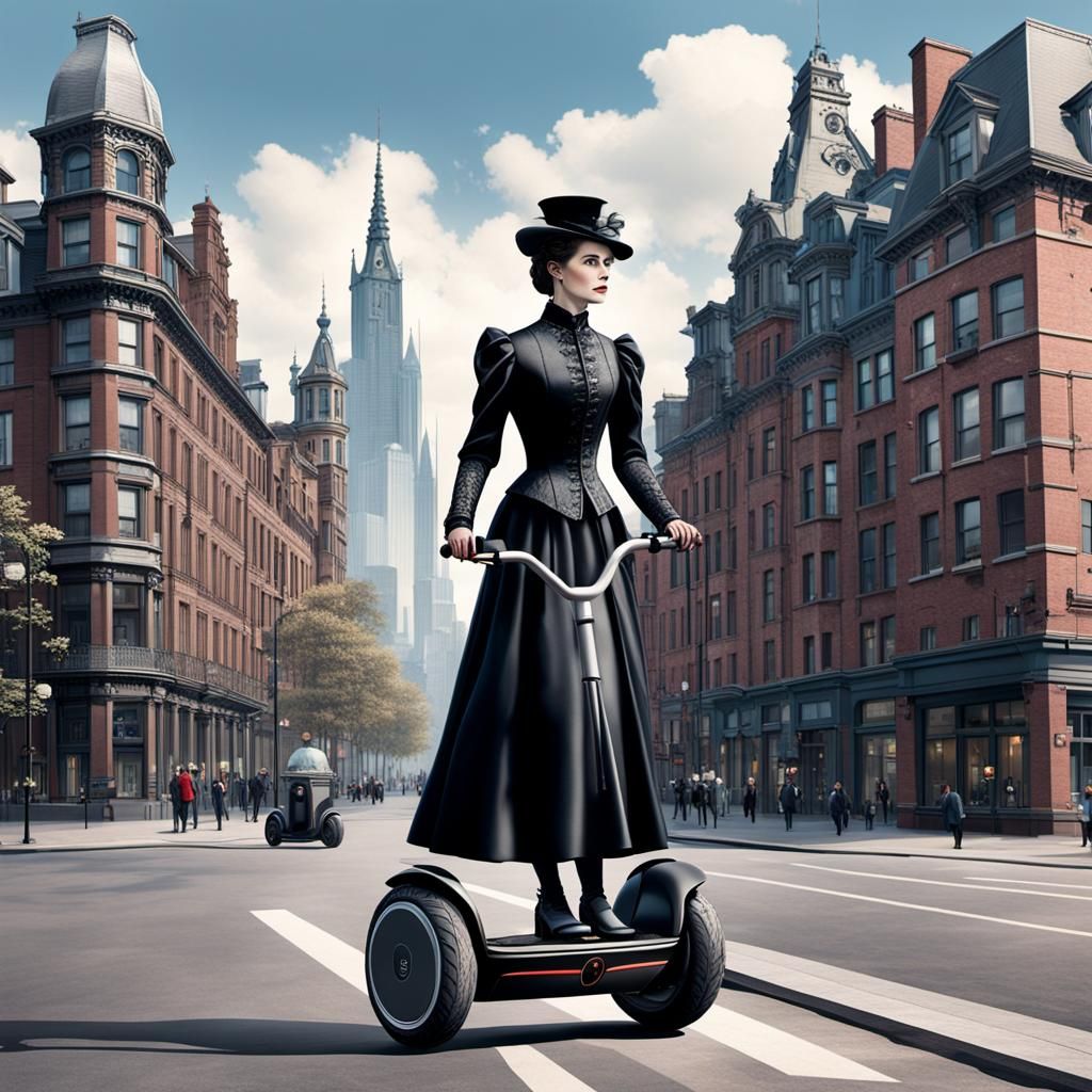 Victorian Lady in a typical elegant gown standing on a segway scooter driving through a City   by @Pastaqueen