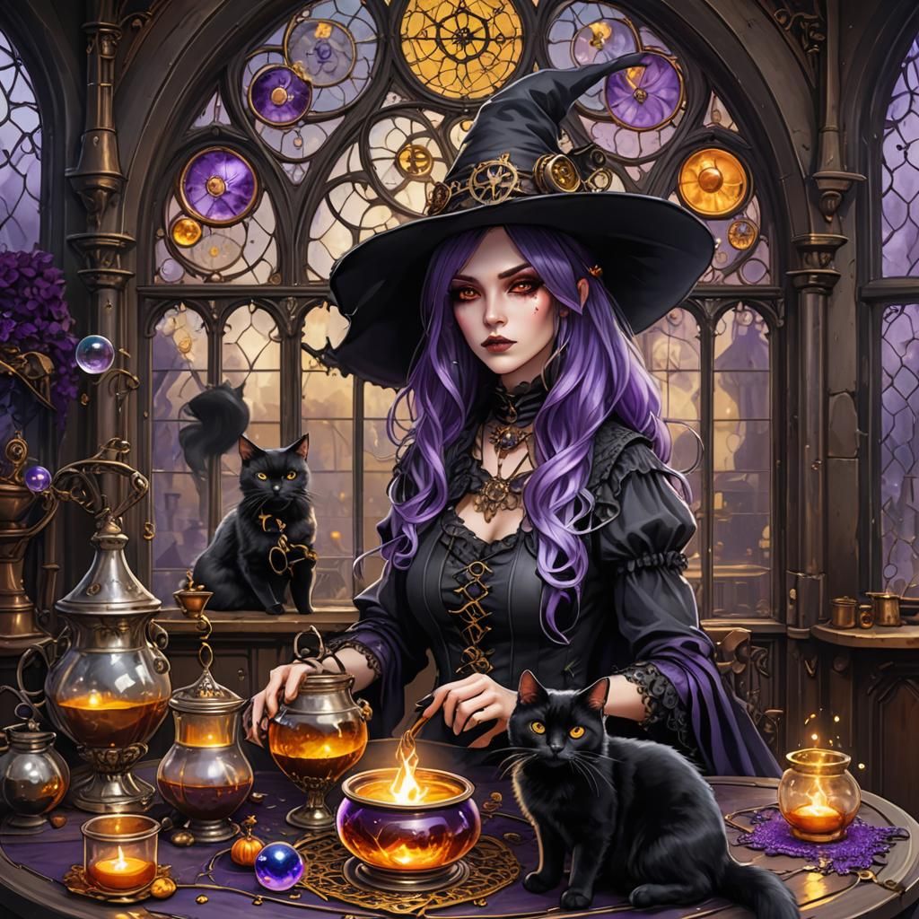 Background an ornamented gothic window. Foreground one beautiful lady witch with purple hair and a witch ...  by @CreatieX