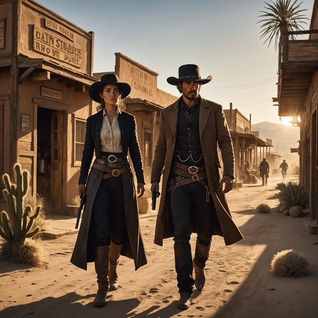Two gunslingers in brown dusters stride down a deserted wild west town at sunset, approaching trouble or escaping it?  by @Phantazia