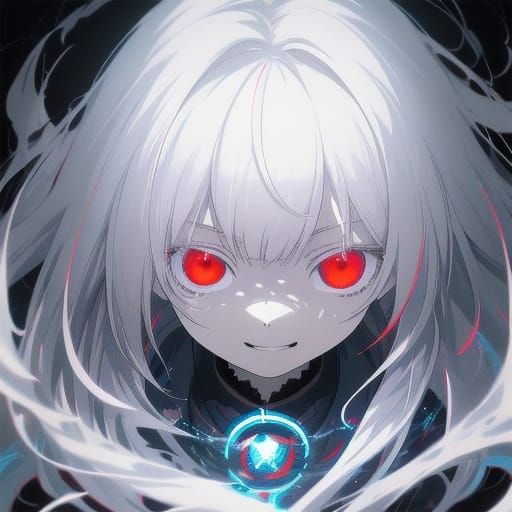 Anime Girl with White Hair and Red Eyes Laughs