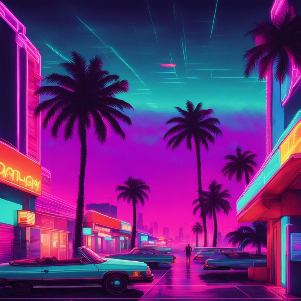 The summer in the city, 1980's , retro, neon lights and palm trees - AI ...