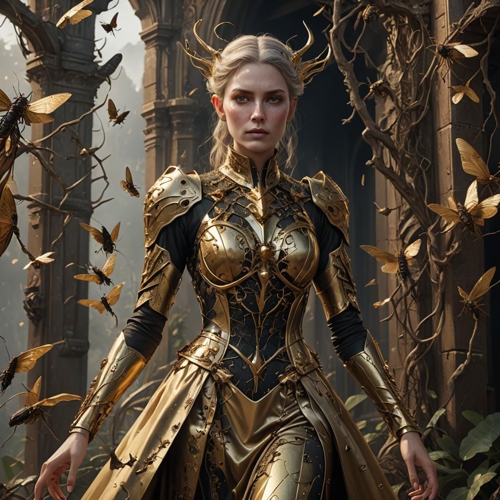 pale lady gold eyes long gold dress black crickets climbing ...