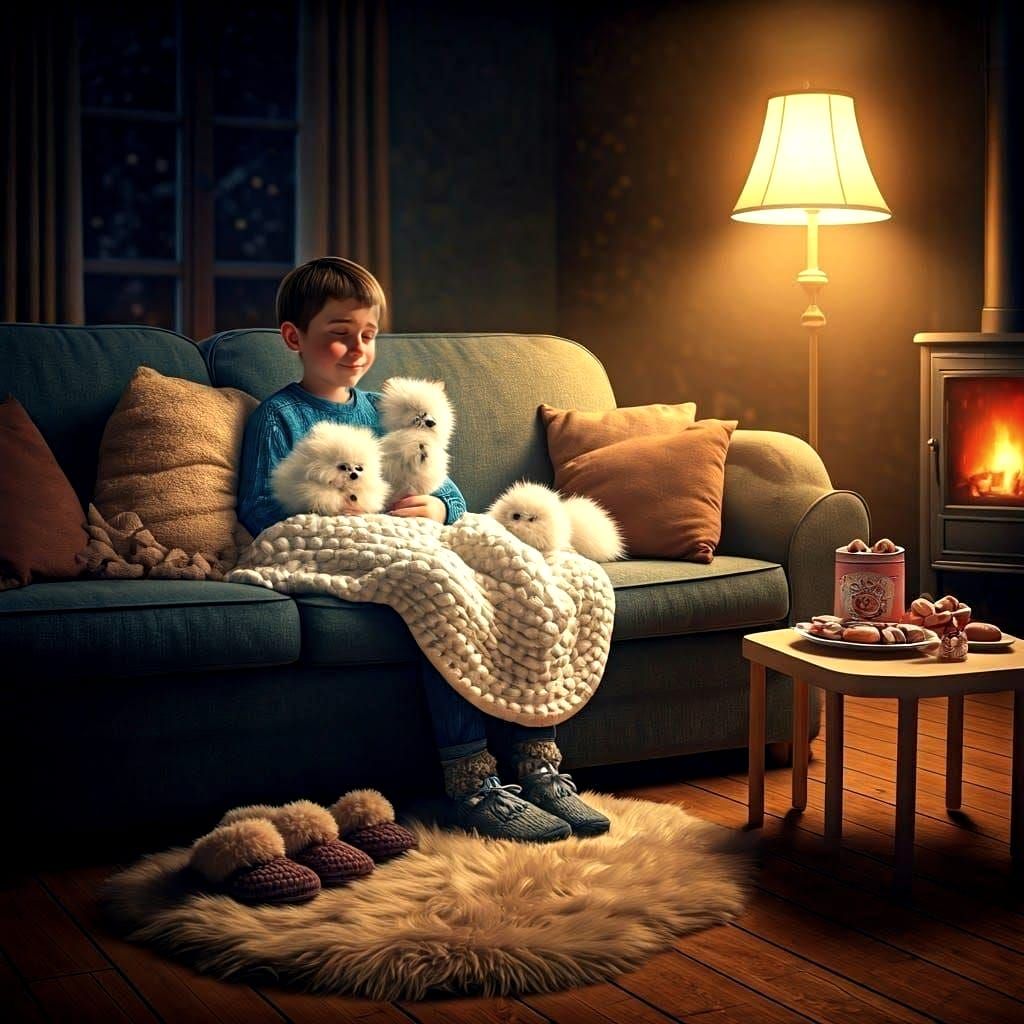Cozy Night: Boy and Cat Watching TV