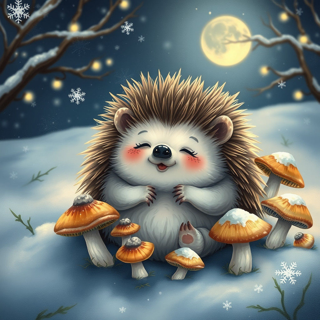 Cozy Hedgehog Illustration in Winter Landscape