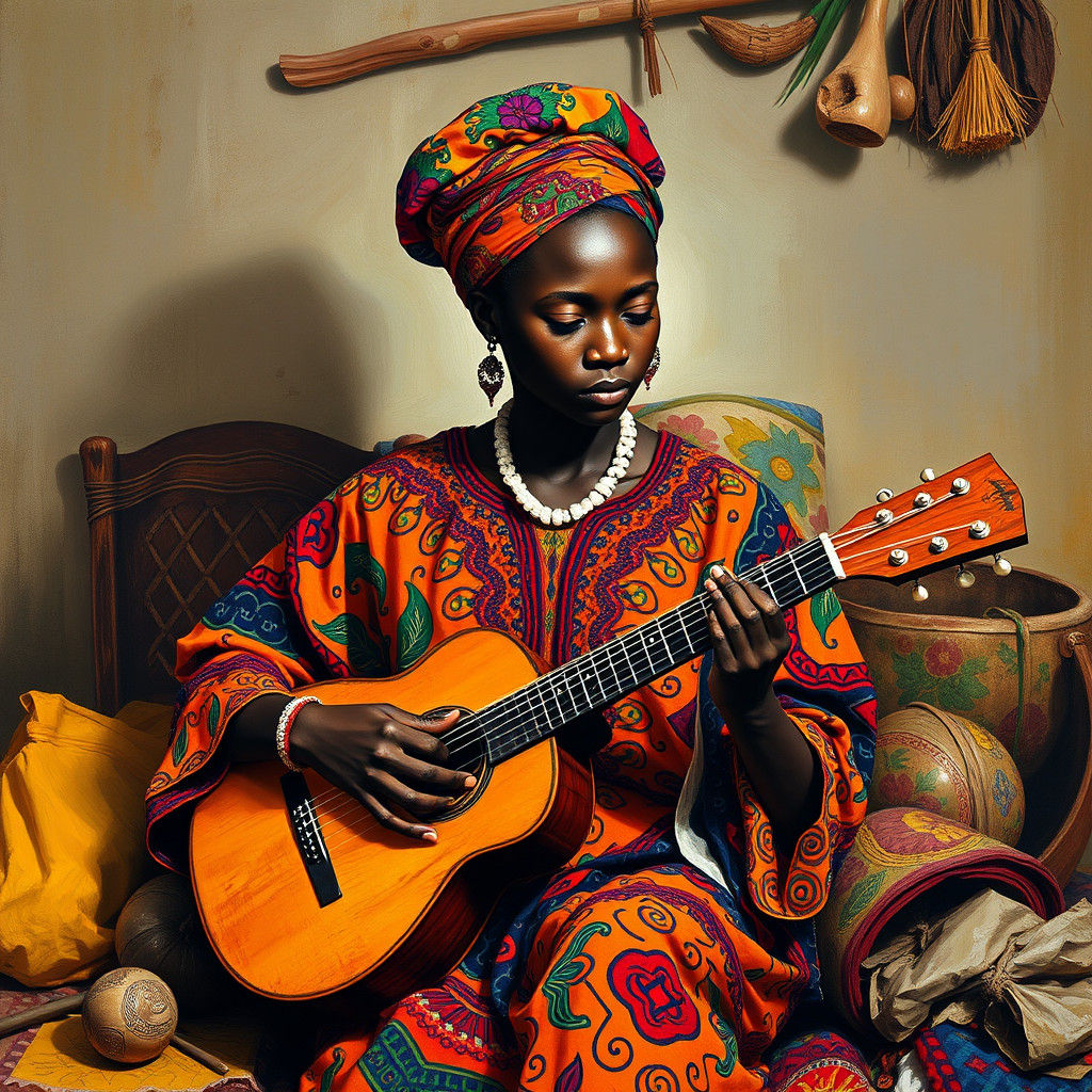 African Woman Playing Kpinga in Naive Art Style