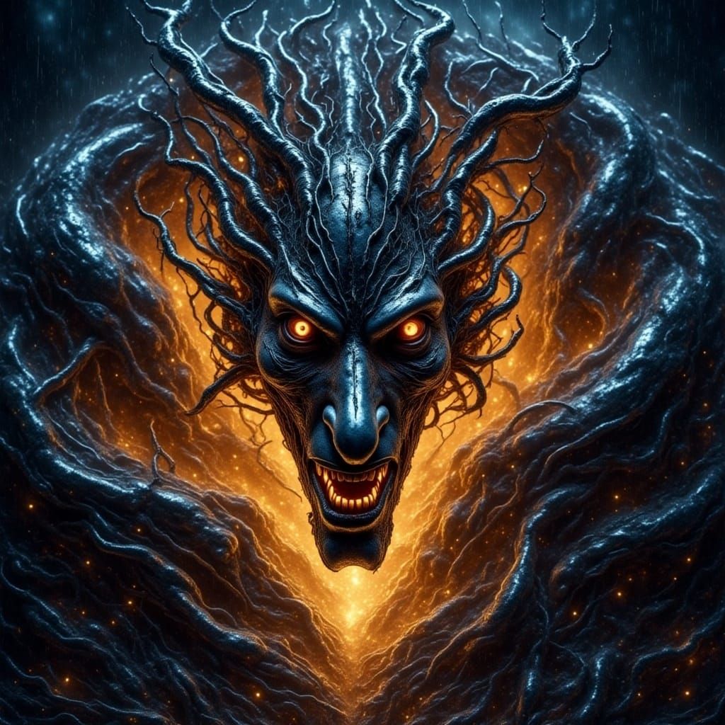 Dark Magical Realism. Close-up medium shot. A swirling cloudy vortex forms an angry Fire Dragon in a mystical explosion. Macro shot. Oil on...