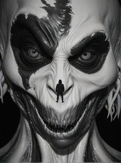 Terrified Man meeting his gargantuan lovercraftian evil unca...