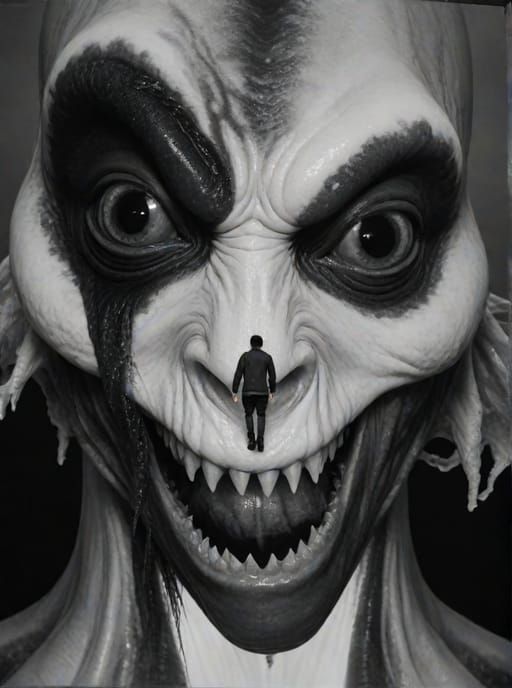 Terrified Man meeting his gargantuan lovercraftian evil crea...