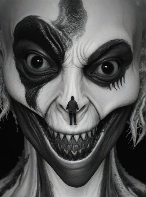 Terrified human Man randomly meeting his gargantuan lovercraftian evil creator in the afterlife dark void dimension after having a near death experience with a demented look on its face as the man floating in front of it quickly realizes that his fate is not a good one at all🥶