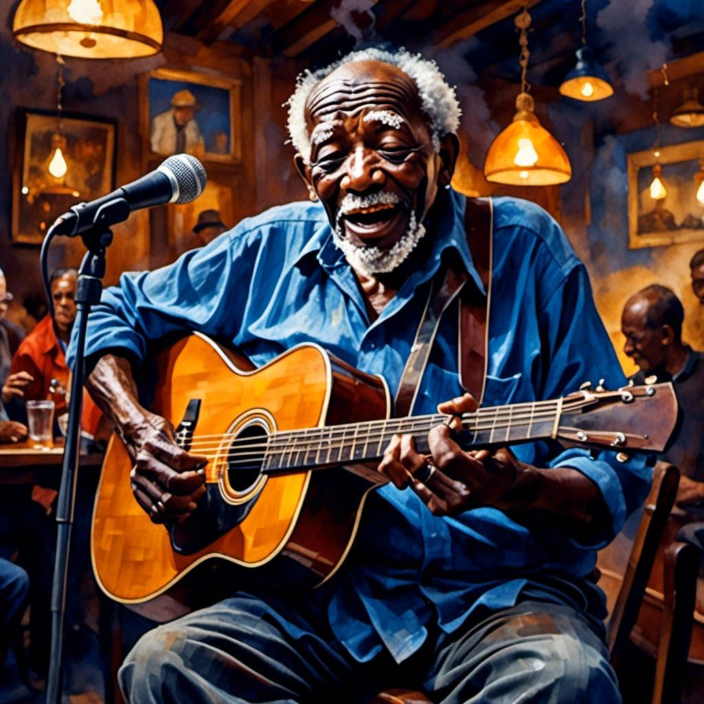  <lora:Prismatic Vitality:1.0>  Portrait of an old man singing blues in a dusky club