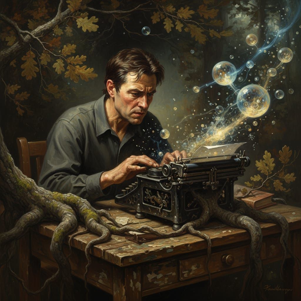  Typist, Rembrandt light, old typewriter, ancient oak tree, ideas floating