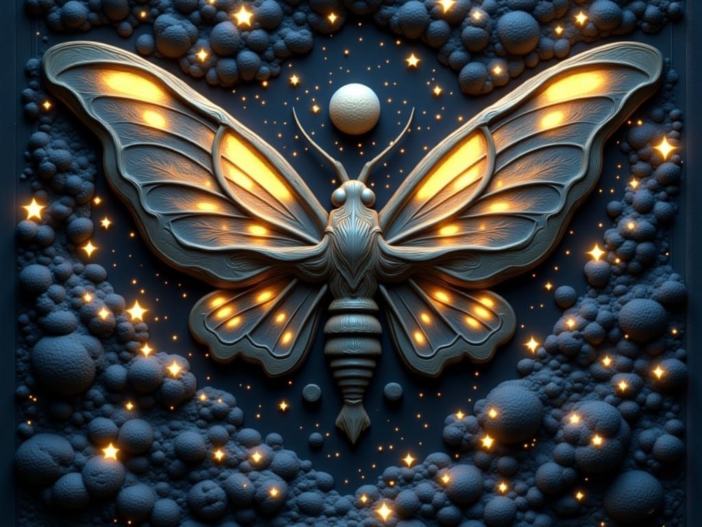<lora:Dramarama:0.5>3d decorative carving depicting a moth with huge wings surrounded by stars everywhere <lora:Starboi 2:1.0> surrealism ma...