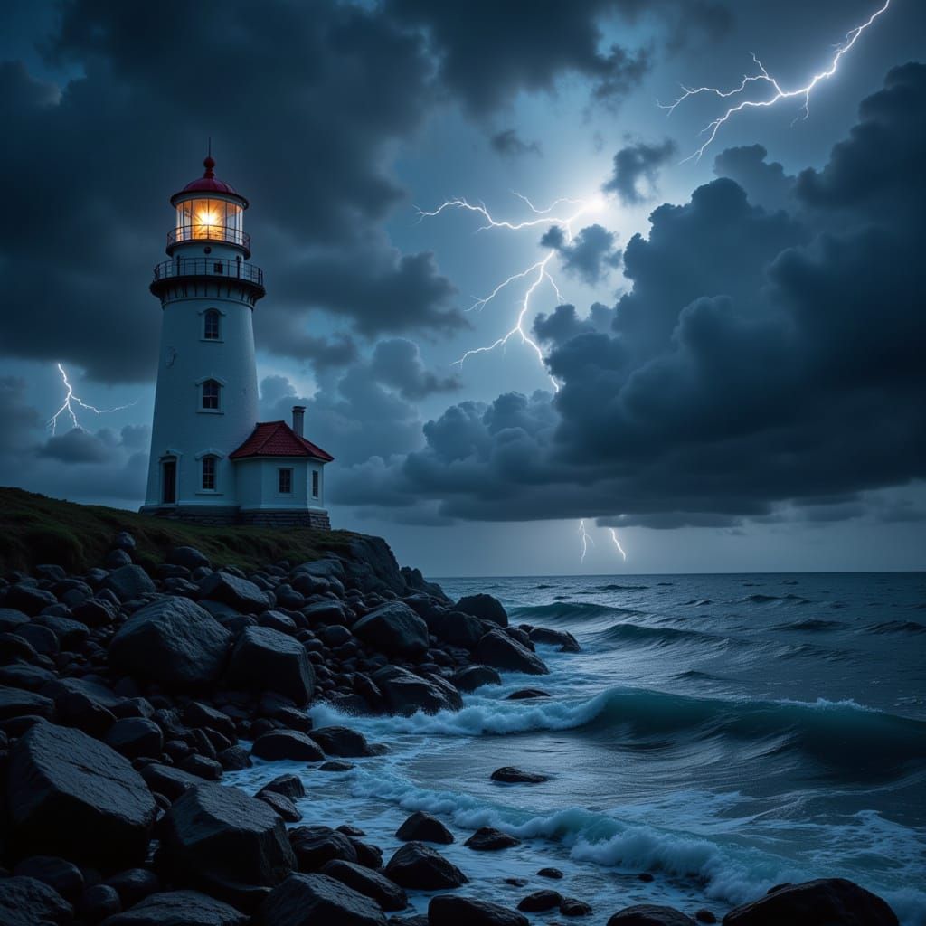 <lora:UltraPolish V1:1.0> a lighthouse on a rocky shore in a storm, with lightning