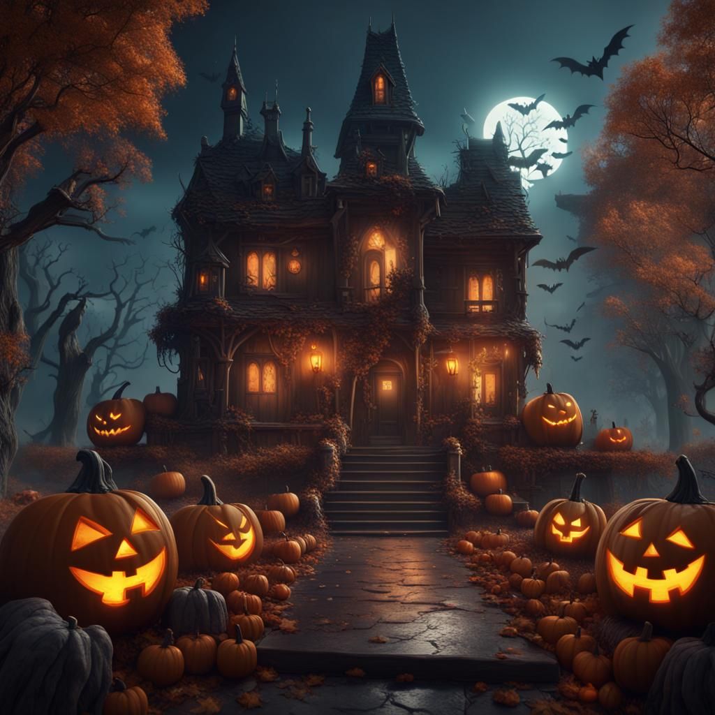 halloween scene detailed matte painting, deep color, fantastical ...