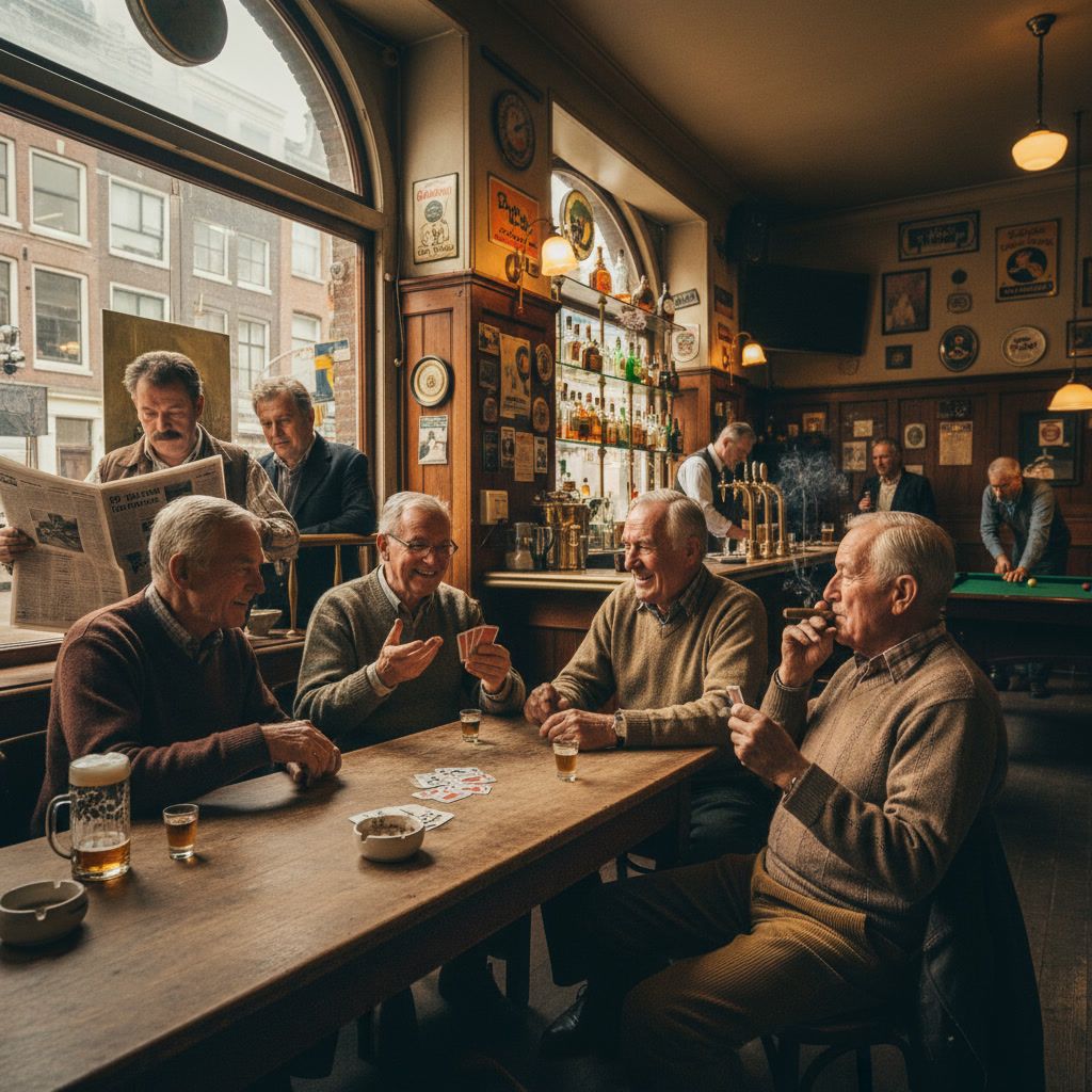 Four seniors playing cards, in a so-called 'brown cafe' in A...