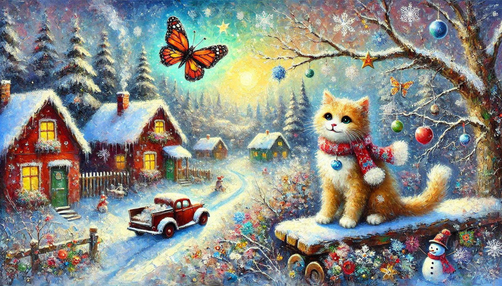 a happy cat in winter wonderland
